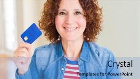  Presentation with credit card fraud fraud - Audience pleasing presentation design consisting of customer delight - senior woman holding credit card backdrop and a teal colored foreground