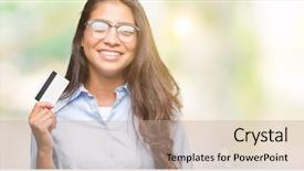  Presentation with credit card - Beautiful slide set featuring customer delight - young arab woman holding credit backdrop and a  colored foreground
