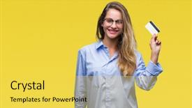  Presentation with blonde holding magnifying glass - Theme featuring customer delight - young beautiful blonde woman holding background and a  colored foreground