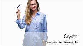  Presentation with credit card - PPT theme enhanced with customer delight - young beautiful blonde woman holding background and a  colored foreground