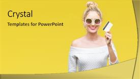  Presentation with credit card - Slide deck with customer delight - young beautiful blonde woman holding background and a  colored foreground