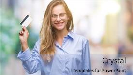  Presentation with credit card - Beautiful presentation design featuring customer delight - young beautiful blonde woman holding backdrop and a  colored foreground