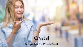  Presentation with young business woman smile show - Slide deck having customer delight - young caucasian business woman wearing background and a light blue colored foreground