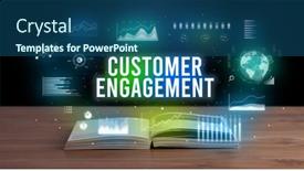  Presentation with business book - Beautiful slide set featuring customer engagement inscription coming backdrop and a ocean colored foreground