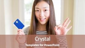  Presentation with credit card - PPT theme enhanced with customer excellence - beautiful asian woman holding credit background and a coral colored foreground