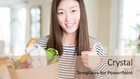  Presentation with fresh fruits vegetables groceries paper - Presentation design consisting of customer excellence - beautiful asian woman holding paper background and a coral colored foreground