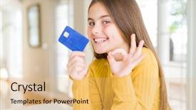  Presentation with credit card - Presentation theme consisting of customer excellence - beautiful young girl kid holding background and a yellow colored foreground