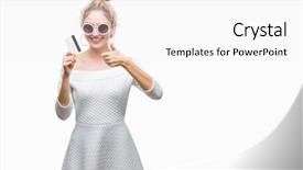  Presentation with blonde holding magnifying glass - Slides having customer excellence - young beautiful blonde woman holding background and a white colored foreground