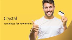  Presentation with credit market volatility - Cool new slide deck with customer excellence - young handsome man holding credit backdrop and a yellow colored foreground