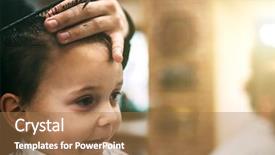  Presentation with hairdressing salon - Beautiful PPT theme featuring customer first - child is being cut hairstyles backdrop and a coral colored foreground