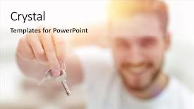  Presentation with apartments - Audience pleasing PPT layouts consisting of customer first - closeup man showing keys backdrop and a sky blue colored foreground