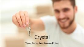  Presentation with apartments - PPT theme having customer first - closeup man showing keys background and a lemonade colored foreground