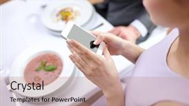  Presentation with food technology - Colorful presentation design enhanced with customer first - people leisure eating and technology backdrop and a coral colored foreground