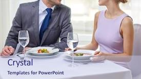  Presentation with people talking - Beautiful PPT theme featuring customer first - restaurant food people date backdrop and a sky blue colored foreground