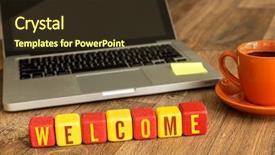  Presentation with welcome - PPT layouts enhanced with customer first - welcome written on a wooden background and a tawny brown colored foreground