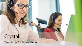  Presentation with focus - Beautiful slides featuring customer focus - beautiful young businesswoman using headset backdrop and a lemonade colored foreground