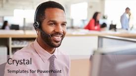  Presentation with worker - Beautiful presentation theme featuring customer focus - black male call centre worker backdrop and a soft green colored foreground