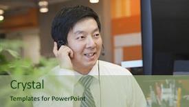  Presentation with office - PPT layouts having customer focus - businessman wearing headset background and a mint green colored foreground