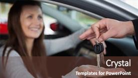  Presentation with garage car - Amazing slide deck having customer focus - happy woman receiving car keys backdrop and a tawny brown colored foreground