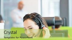  Presentation with brain waves mobile 2 headset - Beautiful slide deck featuring customer focus - smiling young businesswoman using headset backdrop and a yellow colored foreground