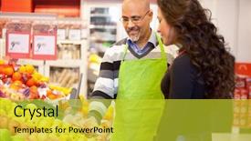  Presentation with guide dog helping blind woman - Colorful PPT layouts enhanced with customer focus - woman buying groceries receiving help backdrop and a yellow colored foreground