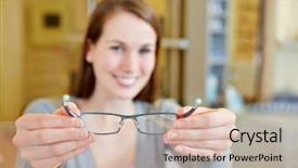  Presentation with blonde holding magnifying glass - Slide deck enhanced with customer focus - young woman holding new glasses background and a soft green colored foreground