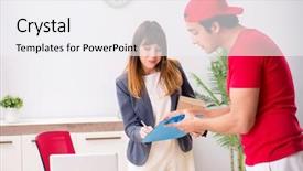  Presentation with courier finance analysis - PPT layouts consisting of customer gift distributed - courier delivering parcel background and a white colored foreground