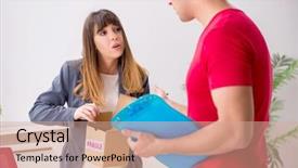  Presentation with courier delivery - Colorful PPT layouts enhanced with customer gift distributed - courier delivering parcel backdrop and a  colored foreground