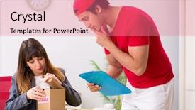  Presentation with courier - PPT layouts featuring customer gift distributed - courier delivering parcel background and a coral colored foreground