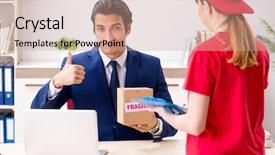 Presentation with courier delivery - PPT layouts featuring customer gift distributed - courier delivering parcel background and a  colored foreground