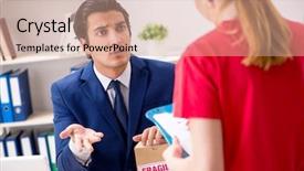  Presentation with courier - Slides with customer gift distributed - courier delivering parcel background and a  colored foreground