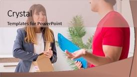  Presentation with courier - Theme featuring customer gift distributed - courier delivering parcel background and a  colored foreground