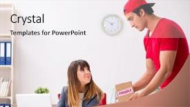  Presentation with courier - Cool new PPT theme with customer gift distributed - courier delivering parcel backdrop and a  colored foreground