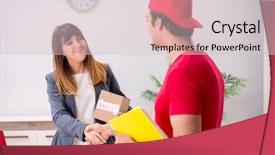  Presentation with courier - Beautiful presentation featuring customer gift distributed - courier delivering parcel backdrop and a lemonade colored foreground