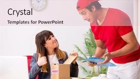  Presentation with courier delivery - Presentation having customer gift distributed - courier delivering parcel background and a  colored foreground