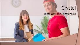  Presentation with courier - PPT theme featuring customer gift distributed - courier delivering parcel background and a  colored foreground