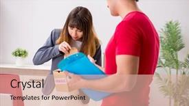  Presentation with courier - Beautiful presentation theme featuring customer gift distributed - courier delivering parcel backdrop and a  colored foreground