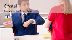  Presentation with courier delivery - Colorful PPT layouts enhanced with customer gift distributed - courier delivering parcel backdrop and a  colored foreground