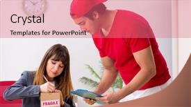  Presentation with courier - Slides having customer gift distributed - courier delivering parcel background and a  colored foreground