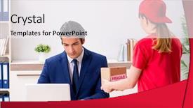  Presentation with courier - Slides having customer gift distributed - courier delivering parcel background and a  colored foreground