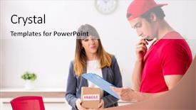  Presentation with courier delivery - Presentation theme consisting of customer gift distributed - courier delivering parcel background and a sky blue colored foreground