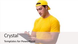  Presentation with background - PPT theme with customer gift distributed - delivery guy isolated background and a  colored foreground