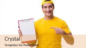  Presentation with scroll paper isolated on white - Presentation theme with customer gift distributed - delivery guy isolated background and a  colored foreground