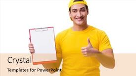  Presentation with starch drug delivery - Colorful slide deck enhanced with customer gift distributed - delivery guy isolated backdrop and a  colored foreground