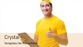  Presentation with freight delivery - PPT layouts enhanced with customer gift distributed - delivery guy isolated background and a  colored foreground