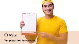  Presentation with frames isolated on white brown - Theme featuring customer gift distributed - delivery guy isolated background and a  colored foreground