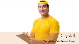  Presentation with blank whiteboard isolated on white - Slide deck featuring customer gift distributed - delivery guy isolated background and a  colored foreground