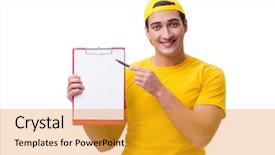  Presentation with starch drug delivery - Colorful PPT layouts enhanced with customer gift distributed - delivery guy isolated backdrop and a  colored foreground