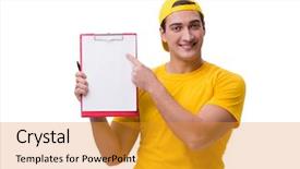  Presentation with octopus on isolated white - PPT theme with customer gift distributed - delivery guy isolated background and a  colored foreground