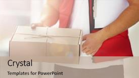  Presentation with logistics fleet of delivery vehicles - Beautiful PPT theme featuring customer gift distributed - delivery man in uniform holding backdrop and a  colored foreground